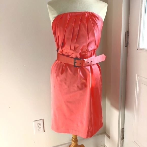 NEW York and Company Hot Pink Belted Midi Strapless Dress 8 Mod Retro Wiggle - Picture 12 of 12